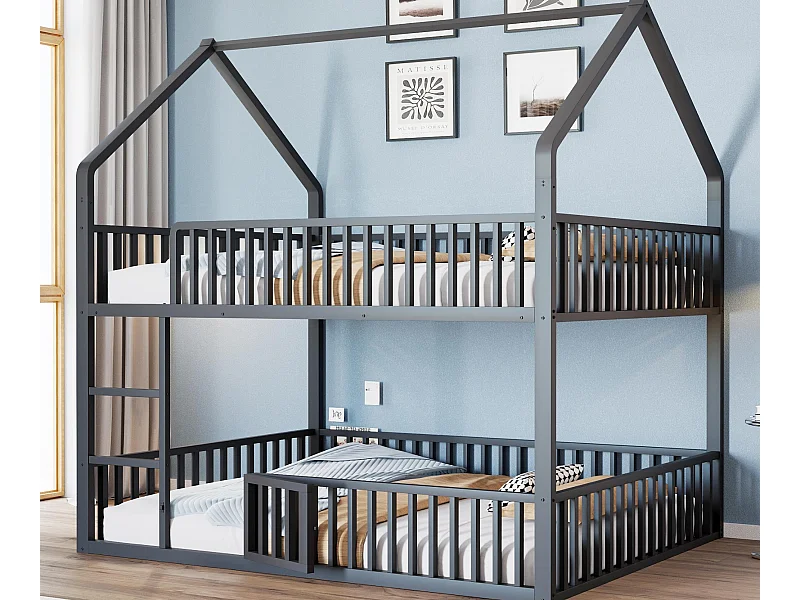 Cama superpuesta infantil 140x200 cm - con escalera - con puerta pequeña - Metal - Negro (colchón no incluido)