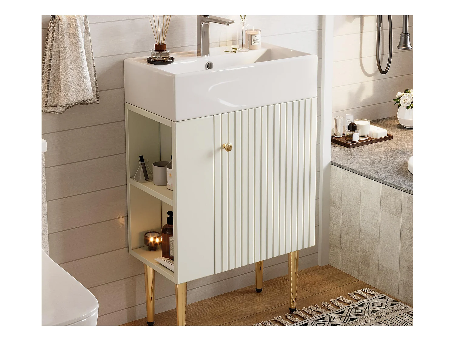 Meuble de salle de bain avec vasque en céramique - avec 1 porte et 2 étagères ouvertes - 4 pieds en métal - Blanc(robinet non inclus)