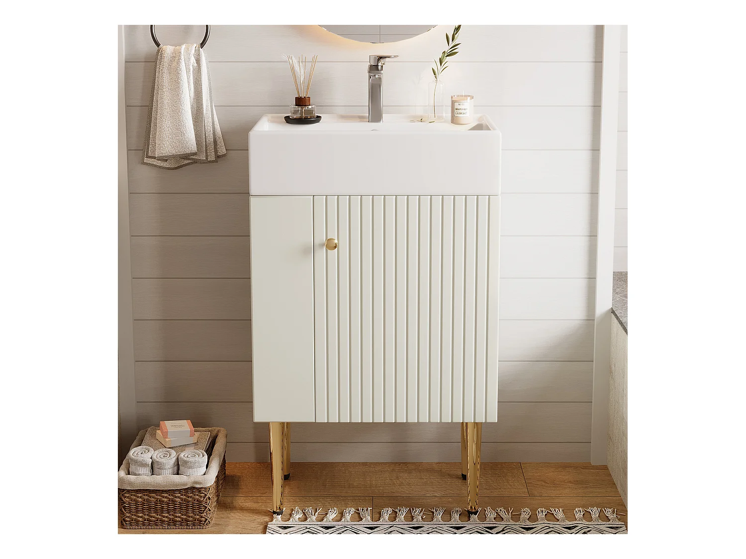 Meuble de salle de bain avec vasque en céramique - avec 1 porte et 2 étagères ouvertes - 4 pieds en métal - Blanc(robinet non inclus)