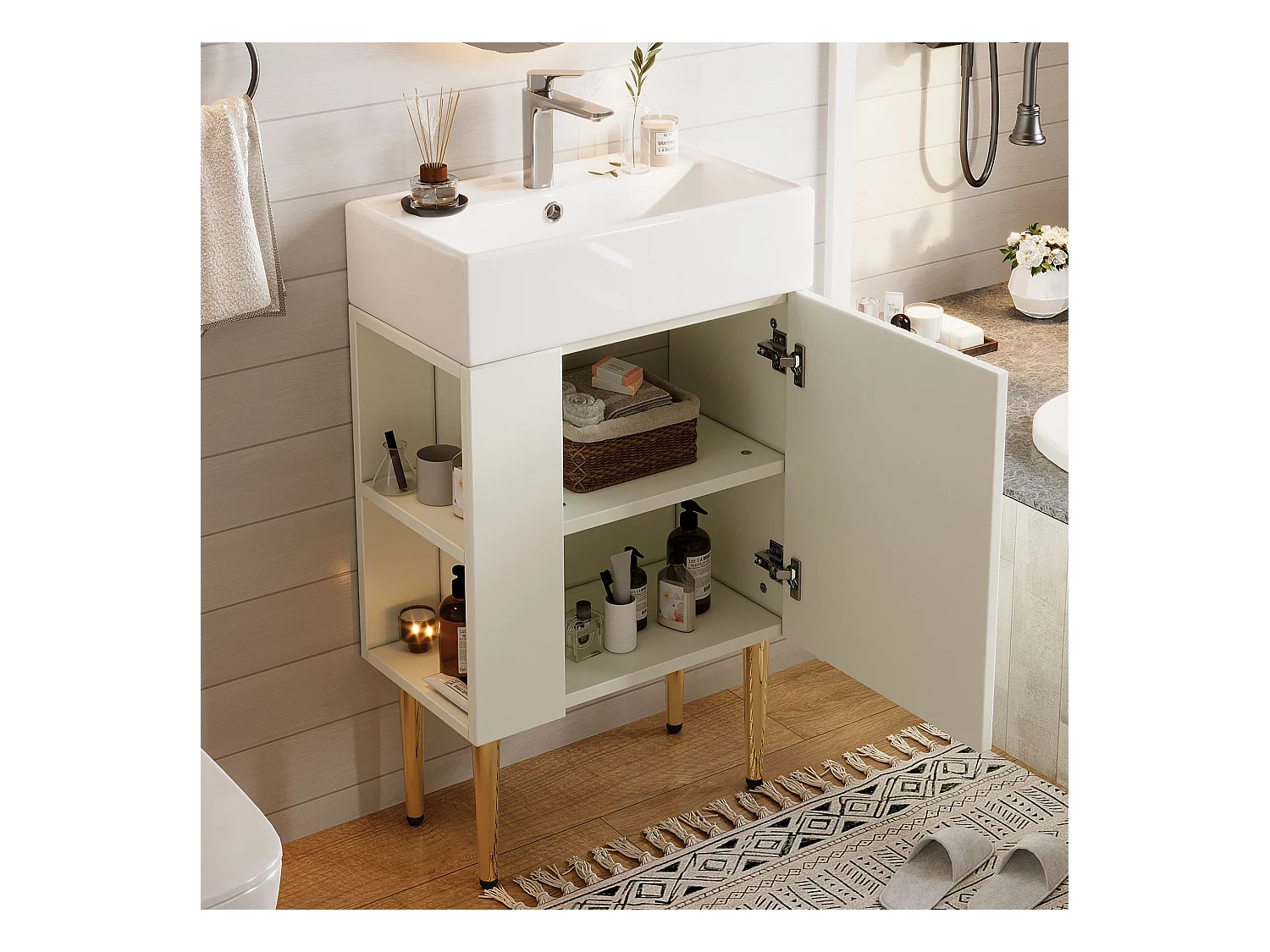 Meuble de salle de bain avec vasque en céramique - avec 1 porte et 2 étagères ouvertes - 4 pieds en métal - Blanc(robinet non inclus)