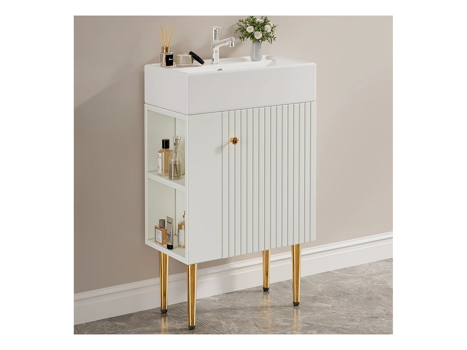 Meuble de salle de bain avec vasque en céramique - avec 1 porte et 2 étagères ouvertes - 4 pieds en métal - Blanc(robinet non inclus)