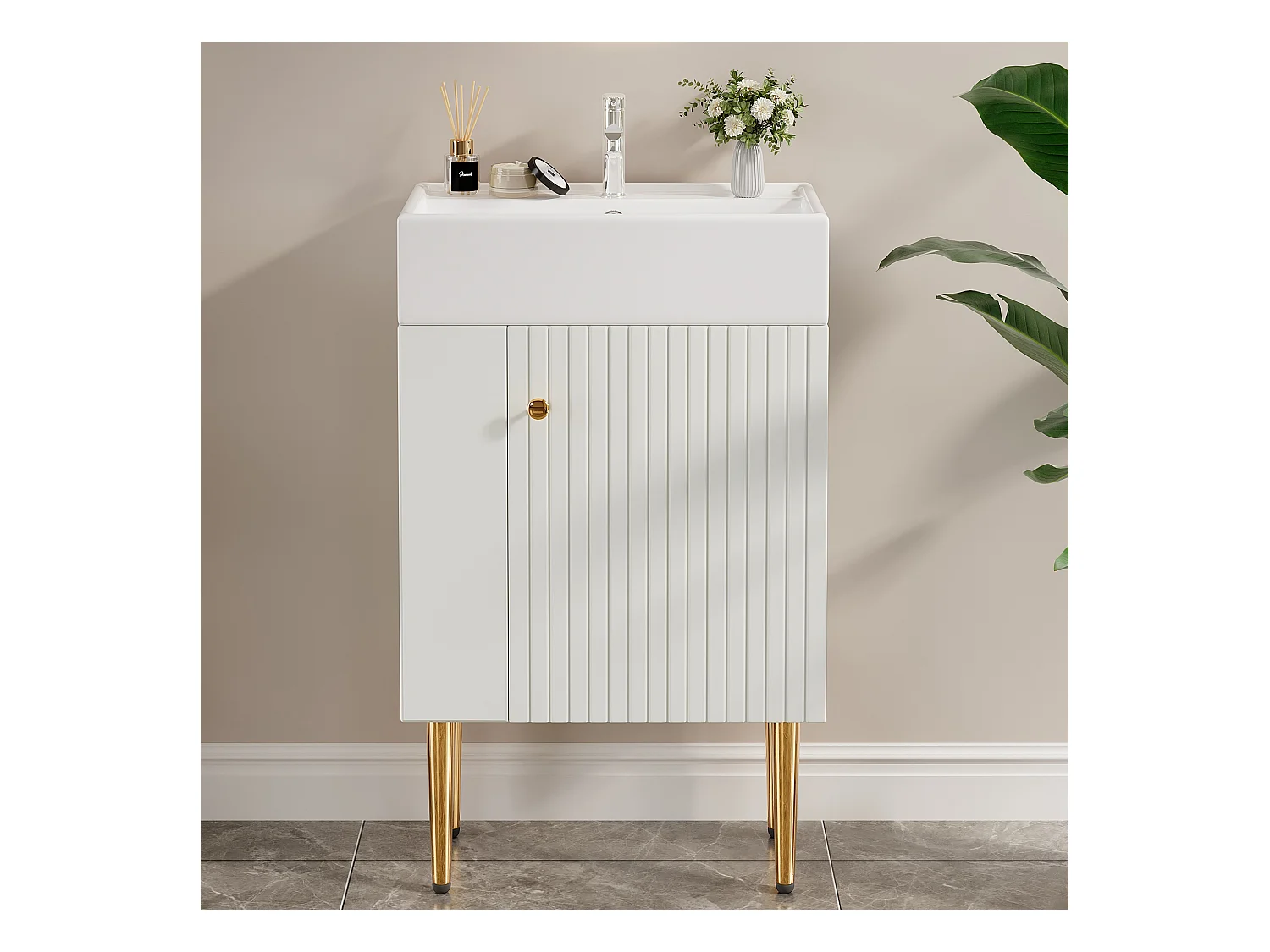 Meuble de salle de bain avec vasque en céramique - avec 1 porte et 2 étagères ouvertes - 4 pieds en métal - Blanc(robinet non inclus)