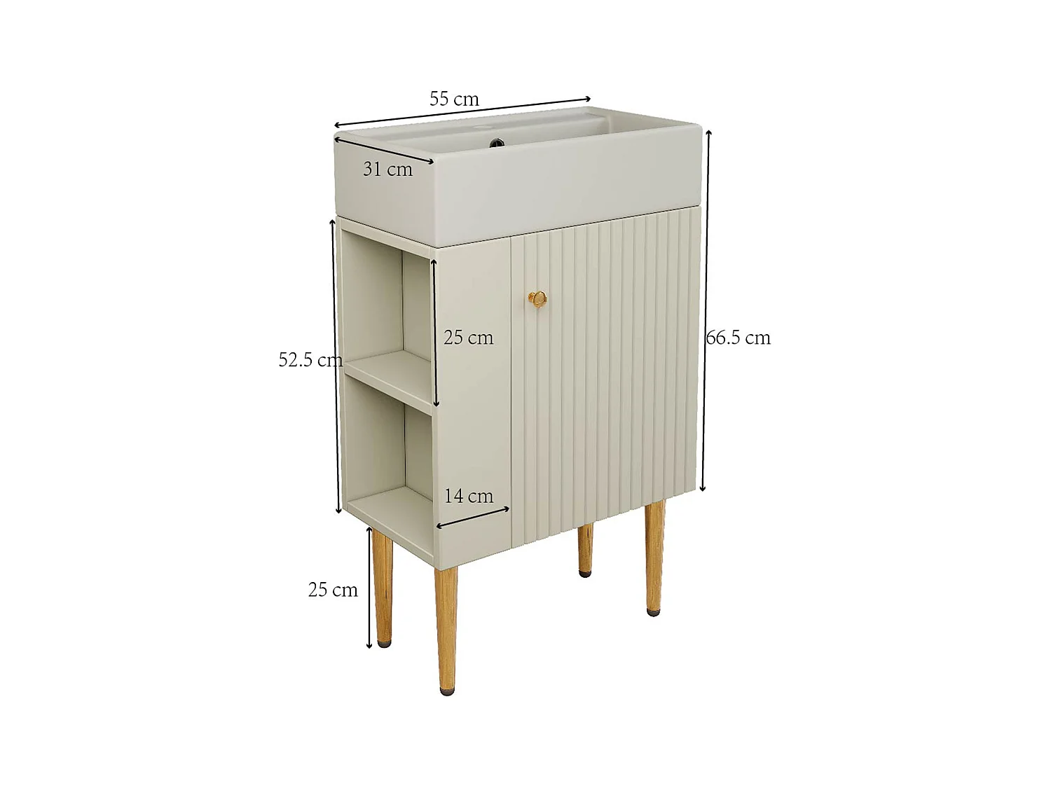 Meuble de salle de bain avec vasque en céramique - avec 1 porte et 2 étagères ouvertes - 4 pieds en métal - Blanc(robinet non inclus)