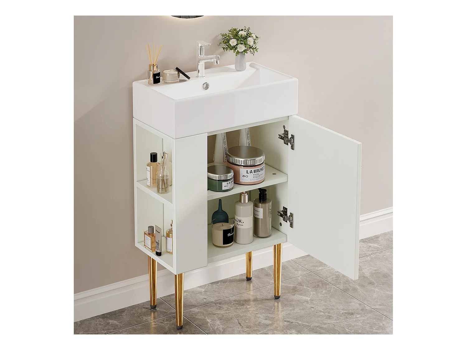 Meuble de salle de bain avec vasque en céramique - avec 1 porte et 2 étagères ouvertes - 4 pieds en métal - Blanc(robinet non inclus)