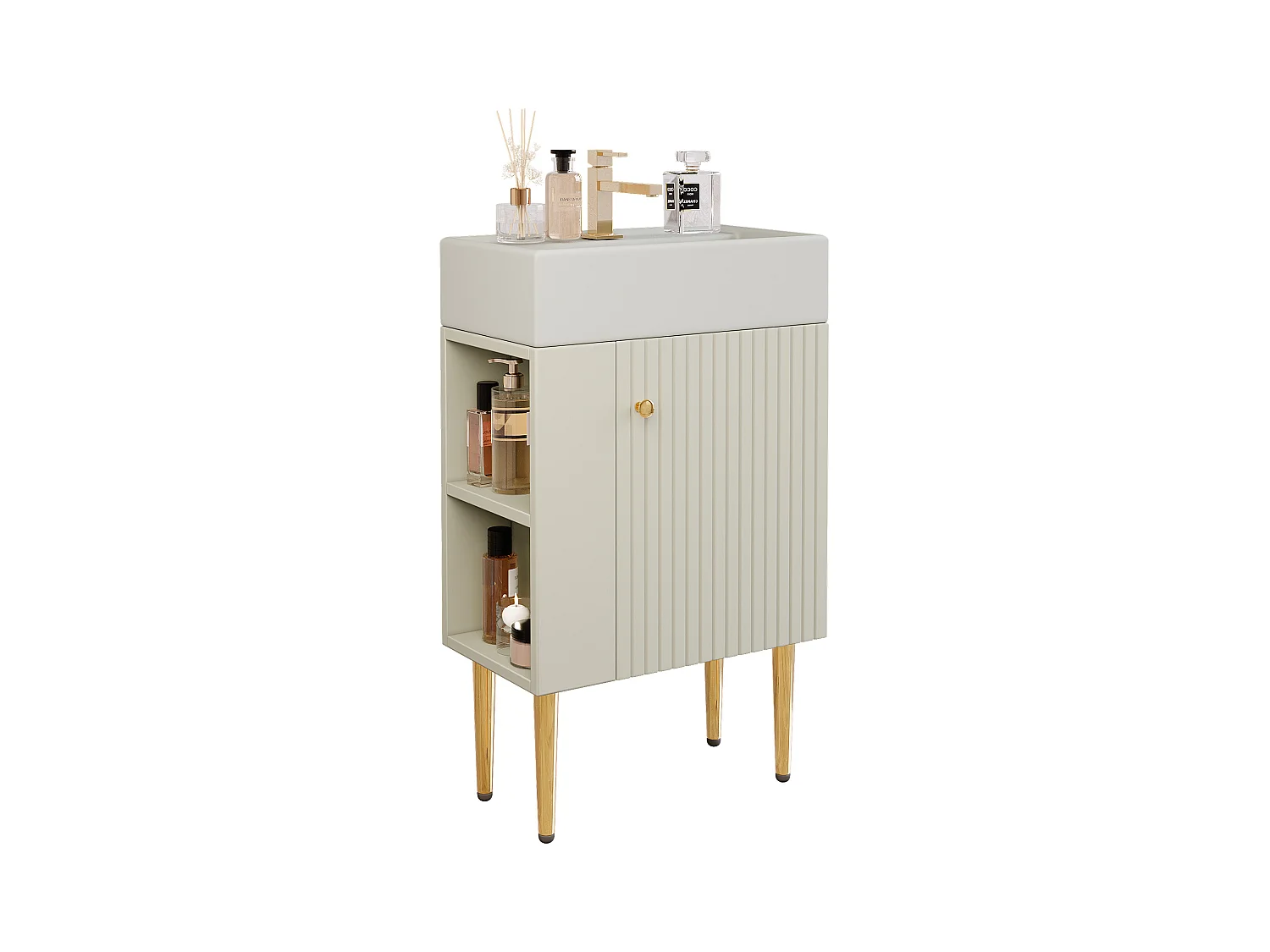 Meuble de salle de bain avec vasque en céramique - avec 1 porte et 2 étagères ouvertes - 4 pieds en métal - Blanc(robinet non inclus)