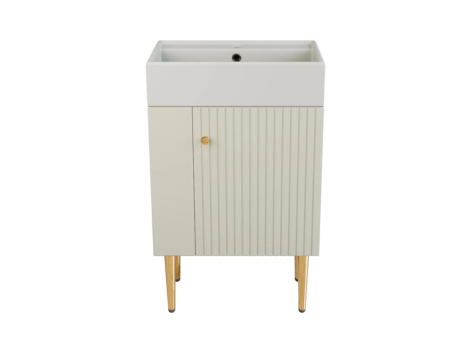 Meuble de salle de bain avec vasque en céramique - avec 1 porte et 2 étagères ouvertes - 4 pieds en métal - Blanc(robinet non inclus)