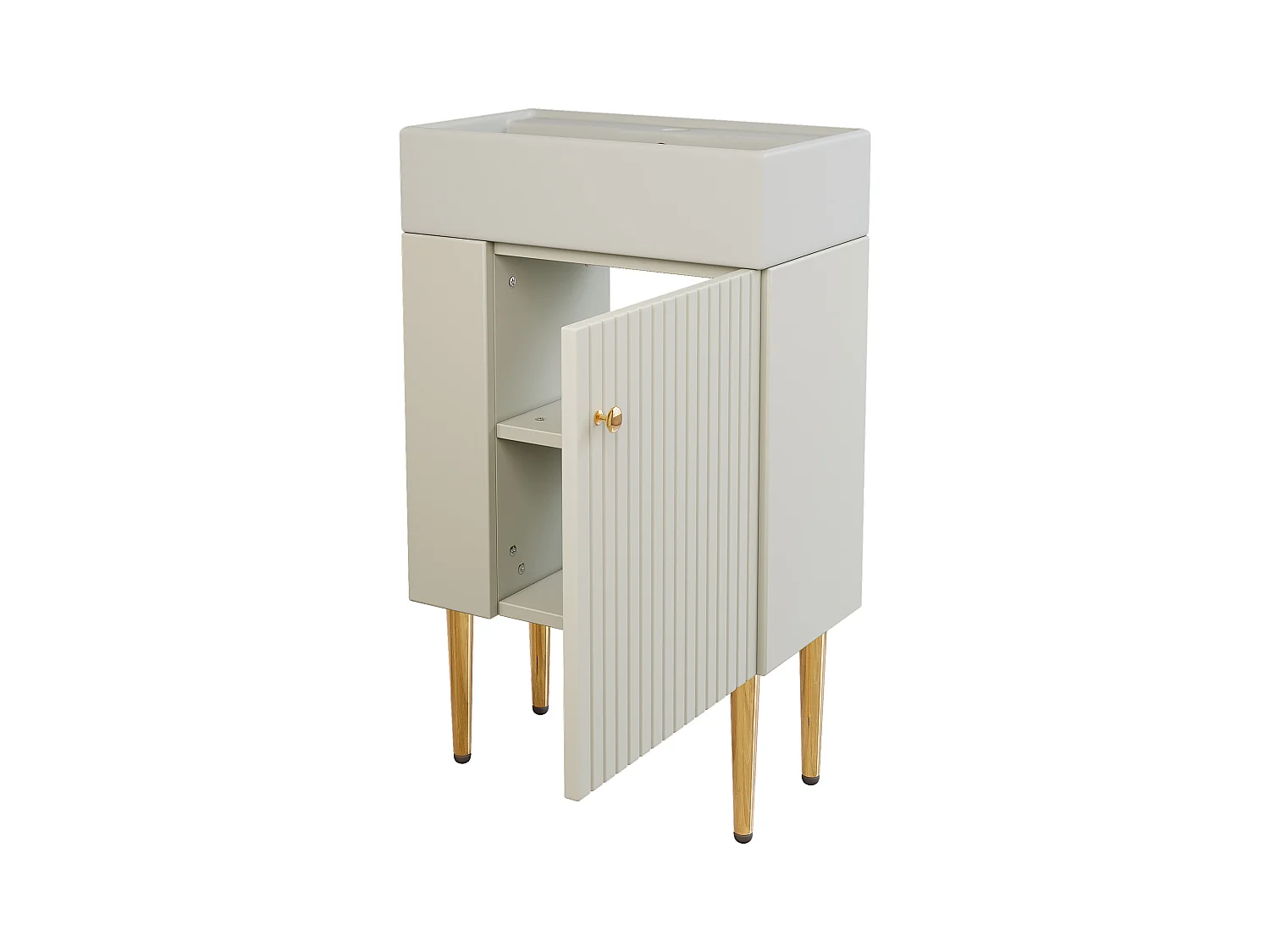 Meuble de salle de bain avec vasque en céramique - avec 1 porte et 2 étagères ouvertes - 4 pieds en métal - Blanc(robinet non inclus)