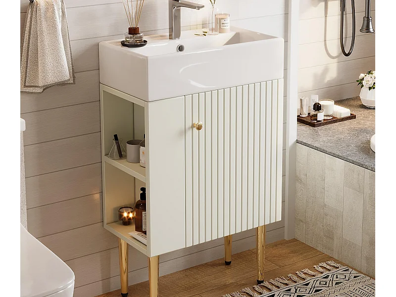 Szafa łazienkowa z ceramiczną umywalką - z 1 drzwiami i 2 otwartymi półkami - 4 metalowe nóżki - Biały (bateria nie jest w zestawie)