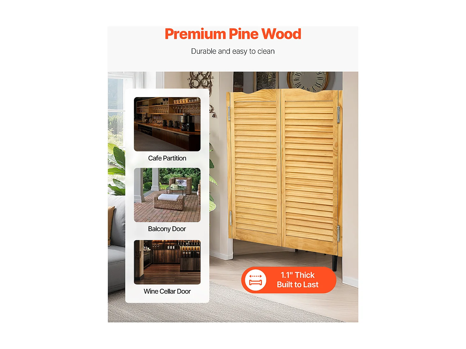 Porte Battante Double SucceBuy, 80,5x2,8x106 cm, Porte Saloon en Bois de Pin avec Charnières, Quincaillerie, Facile à Installer, Couleur Bois