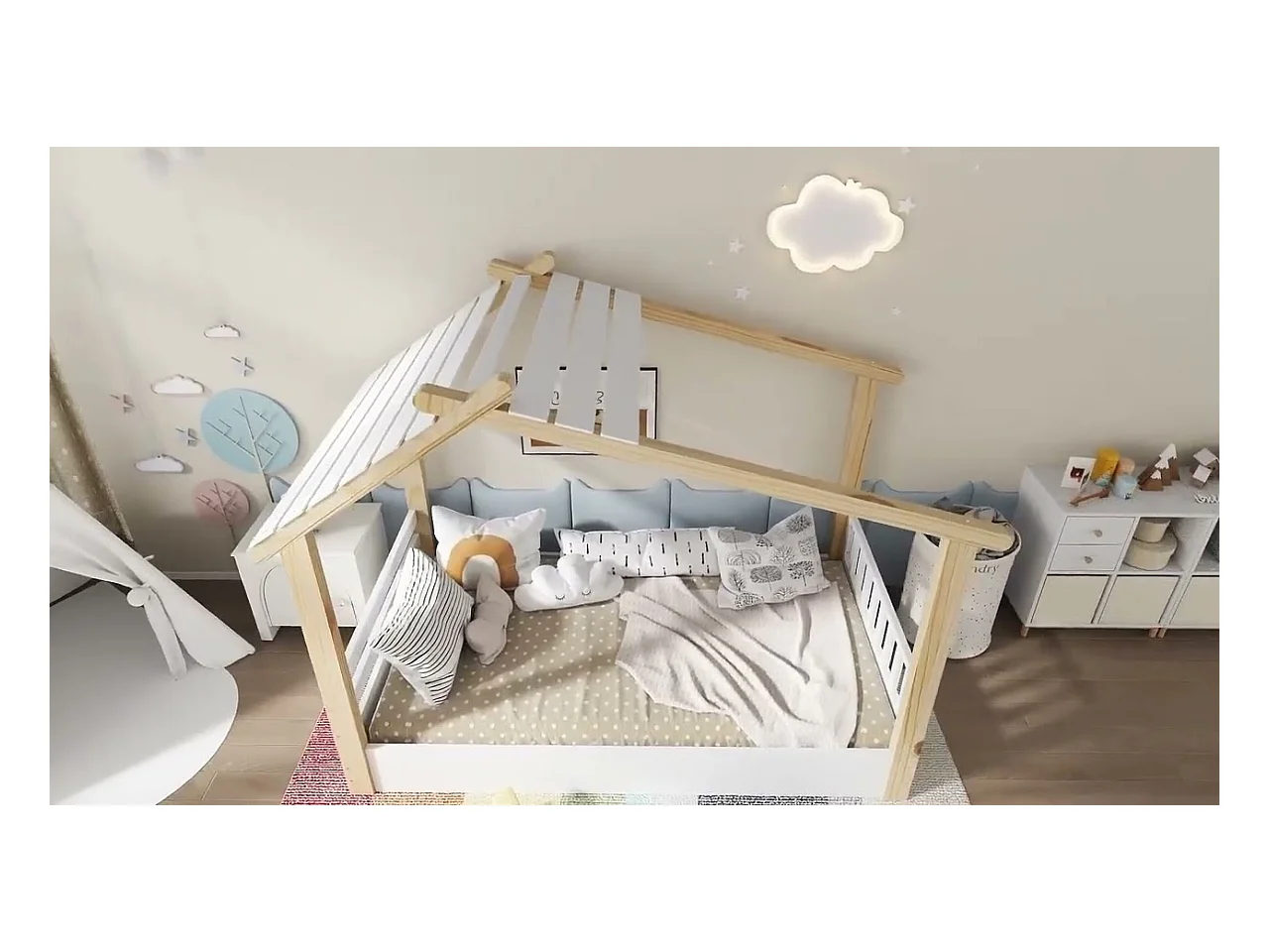 Lit cabane pour enfants 90x200cm - avec sommier à lattes - conception de maison en rondins - Bois massif + MDF - Naturel