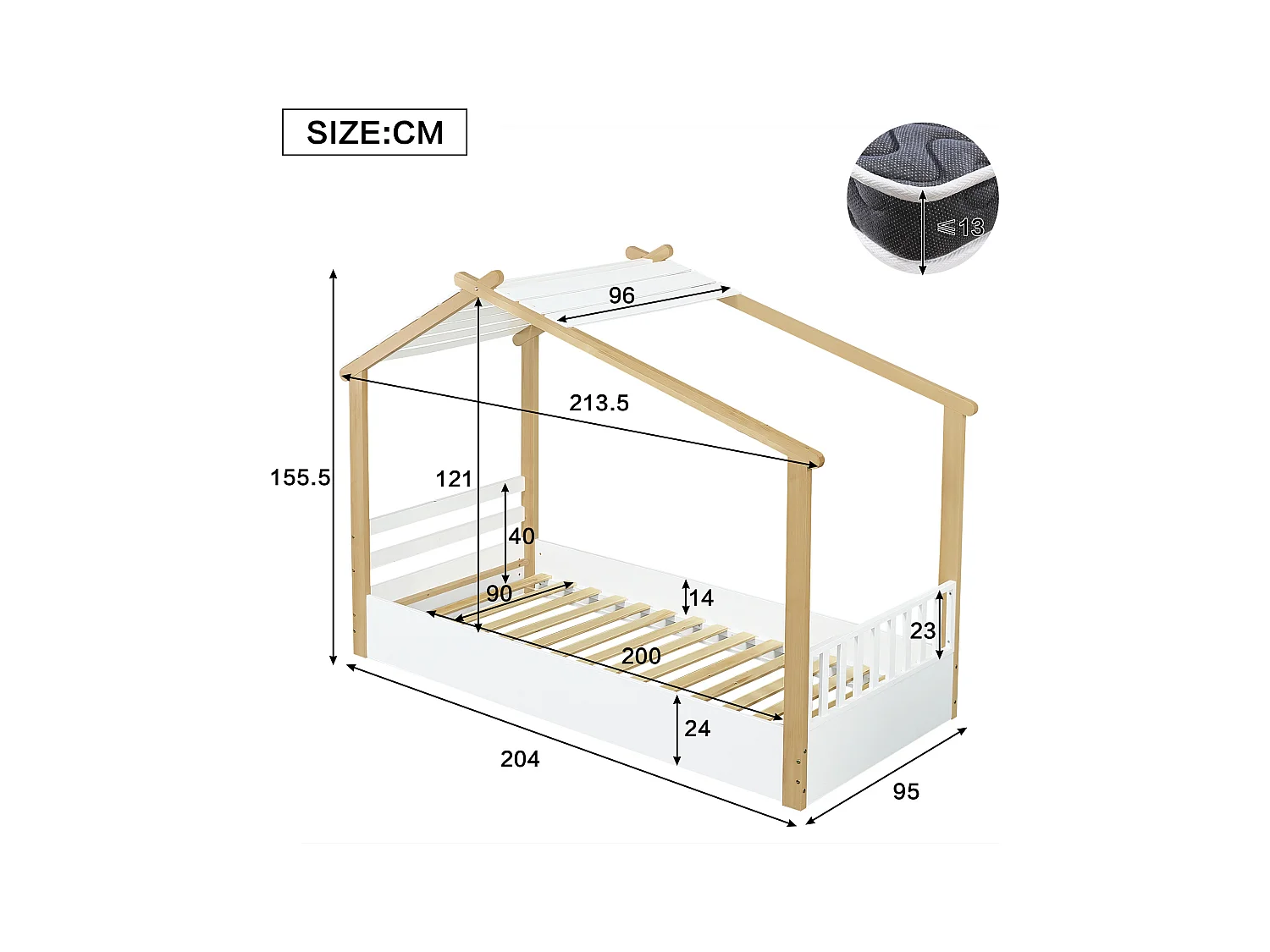 Lit cabane pour enfants 90x200cm - avec sommier à lattes - conception de maison en rondins - Bois massif + MDF - Naturel