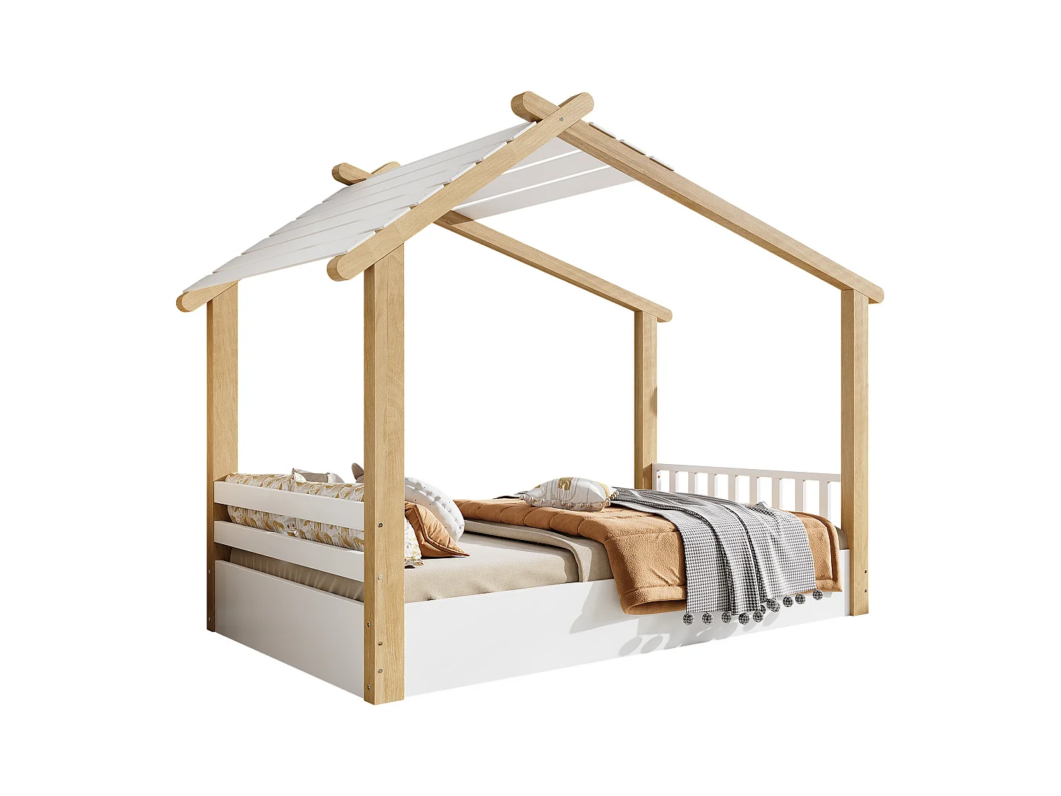 Lit cabane pour enfants 90x200cm - avec sommier à lattes - conception de maison en rondins - Bois massif + MDF - Naturel