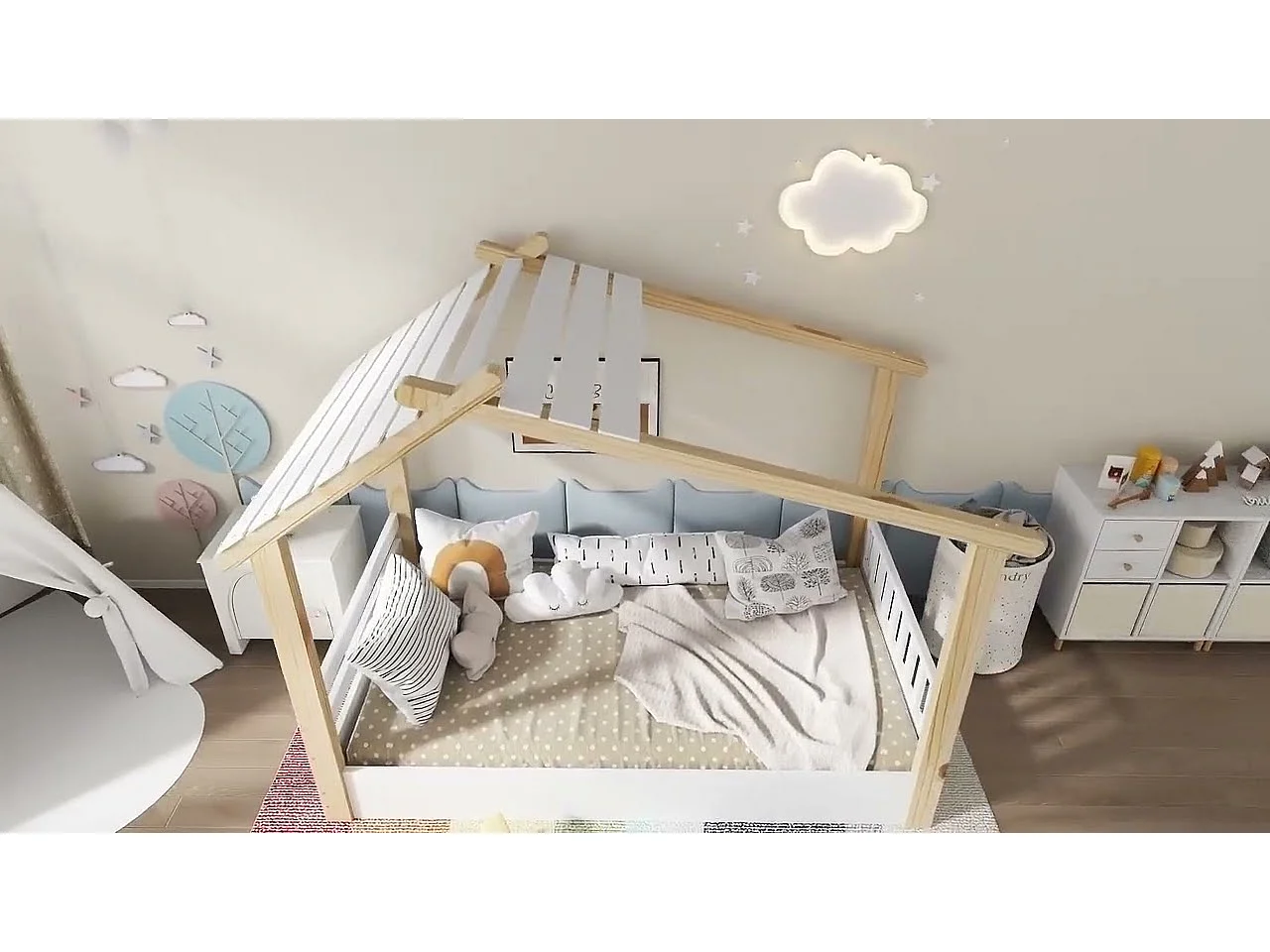 Kinderhausbett 90x200cm - mit Lattenrost - Blockhaus-Design - Massivholz + MDF - Natur