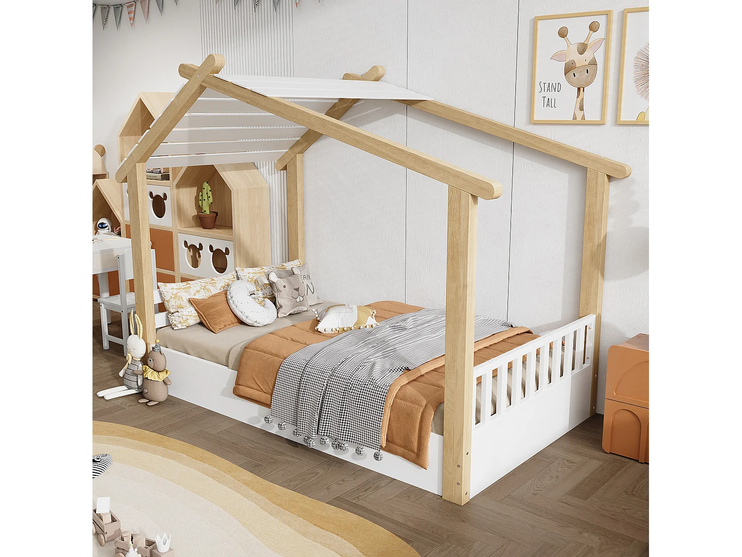 Kinderhausbett 90x200cm - mit Lattenrost - Blockhaus-Design - Massivholz + MDF - Natur