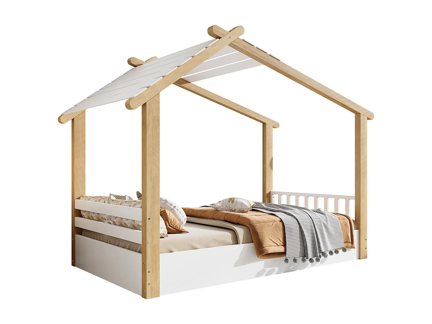 Kinderhausbett 90x200cm - mit Lattenrost - Blockhaus-Design - Massivholz + MDF - Natur