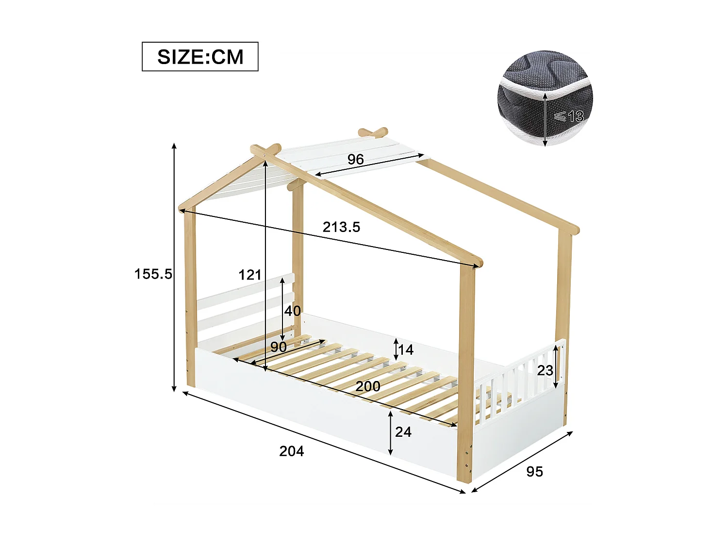 Lit cabane pour enfants 90x200cm - avec sommier à lattes - conception de maison en rondins - Bois massif + MDF - Naturel