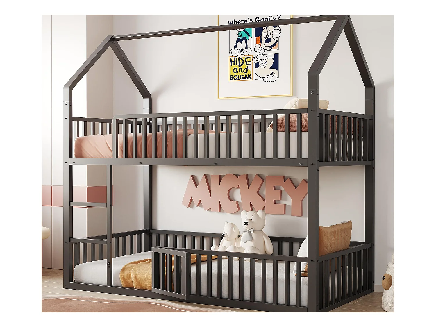 Lit superposé enfant 90x200cm - avec escalier - avec petite porte - Métal - Noir (matelas non inclus)