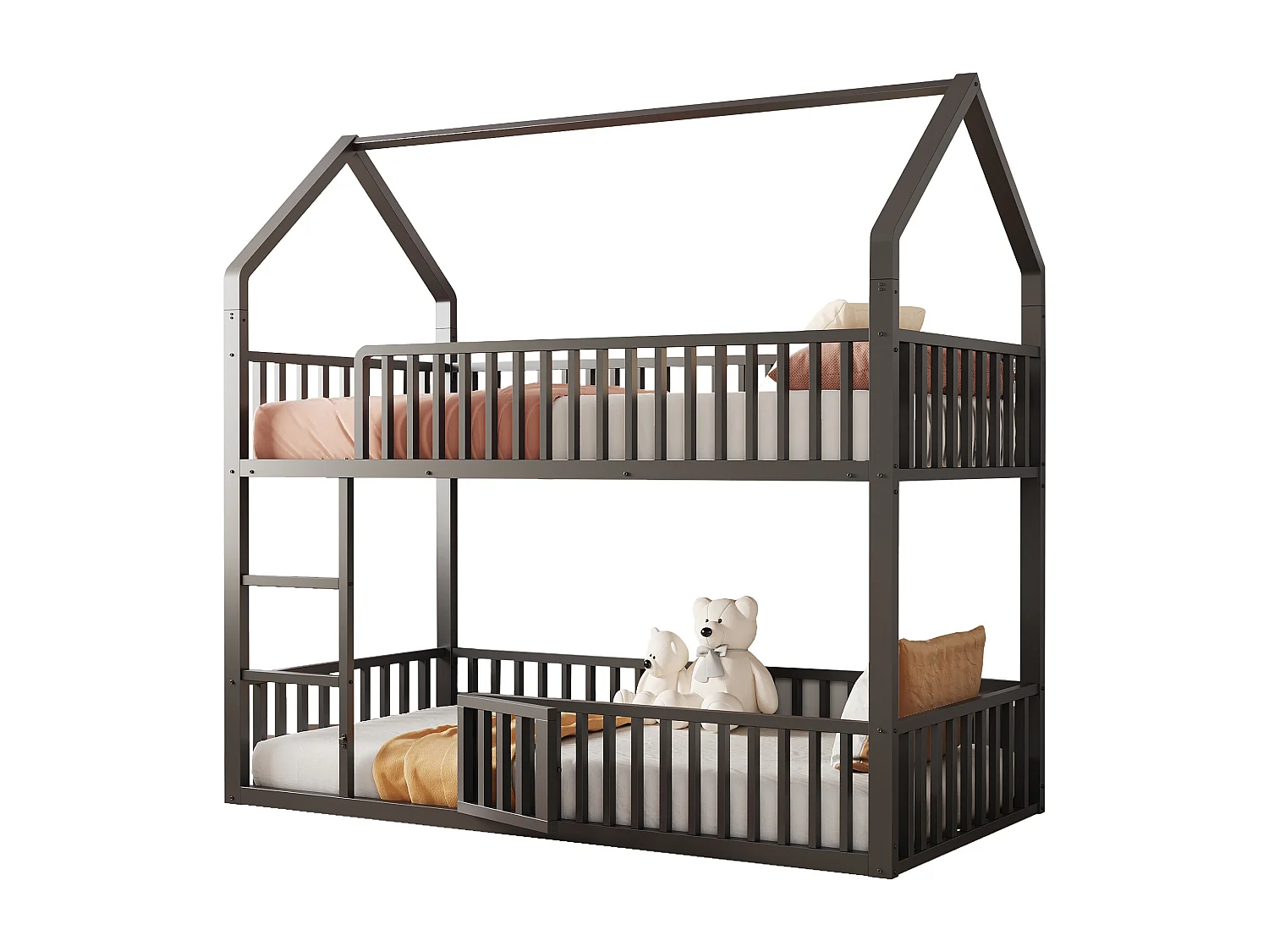 Lit superposé enfant 90x200cm - avec escalier - avec petite porte - Métal - Noir (matelas non inclus)