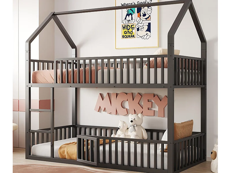 Lit superposé enfant 90x200cm - avec escalier - avec petite porte - Métal - Noir (matelas non inclus)