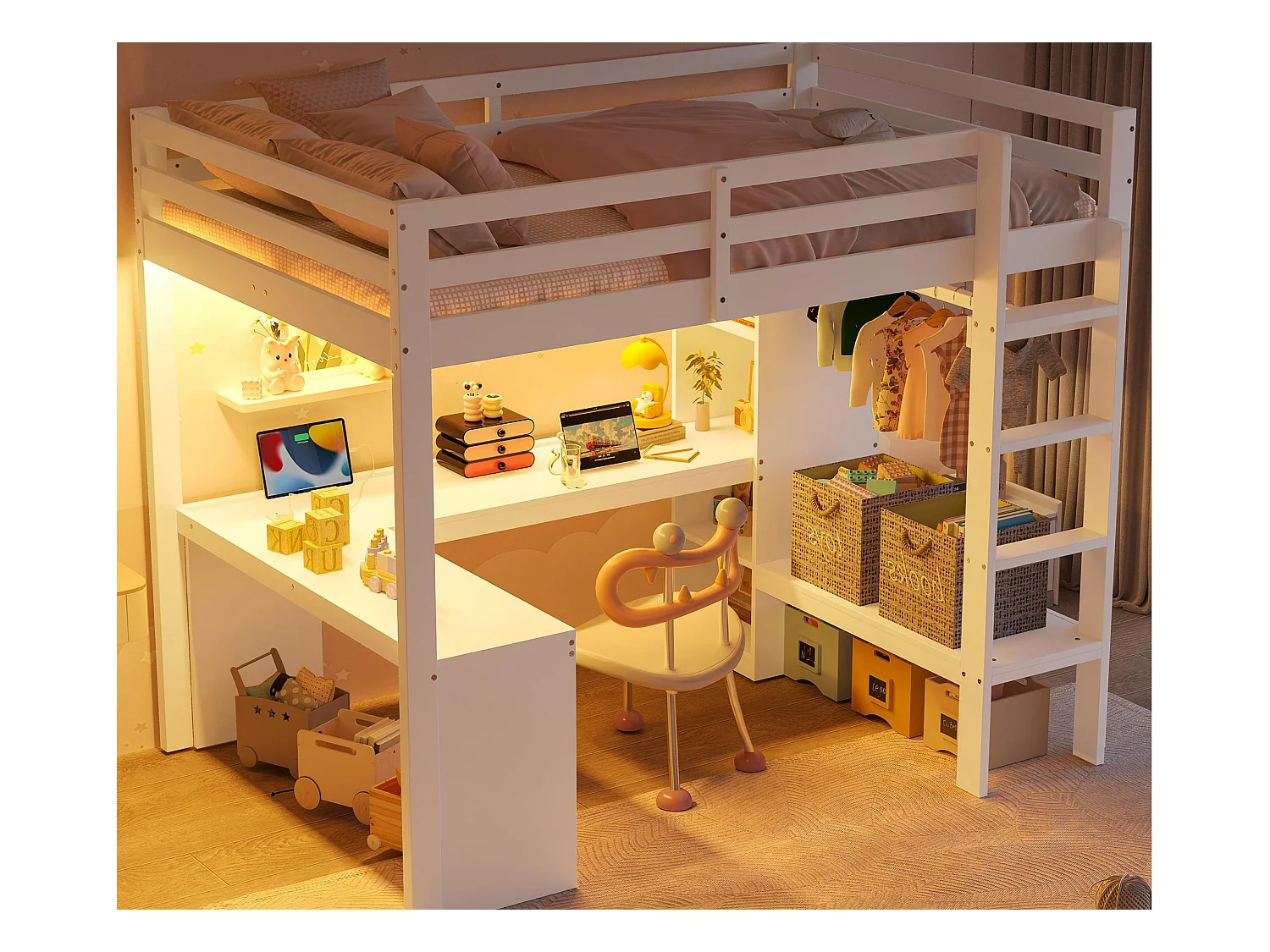 Hochbett 140x200 cm - mit Schreibtisch - mit offenem Kleiderschrank - mit LED-Beleuchtung und USB-Anschluss - weiß (Matratze nicht enthalten)
