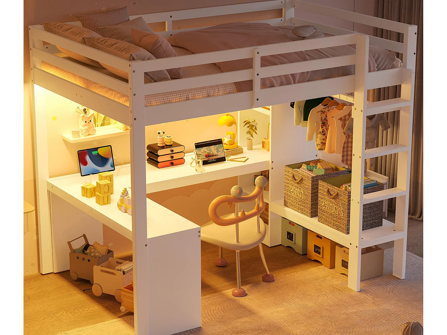 Mezzaninebed 140x200 cm - met bureau - met open kledingkast - met LED-verlichting en USB-poort - wit (matras niet inbegrepen)