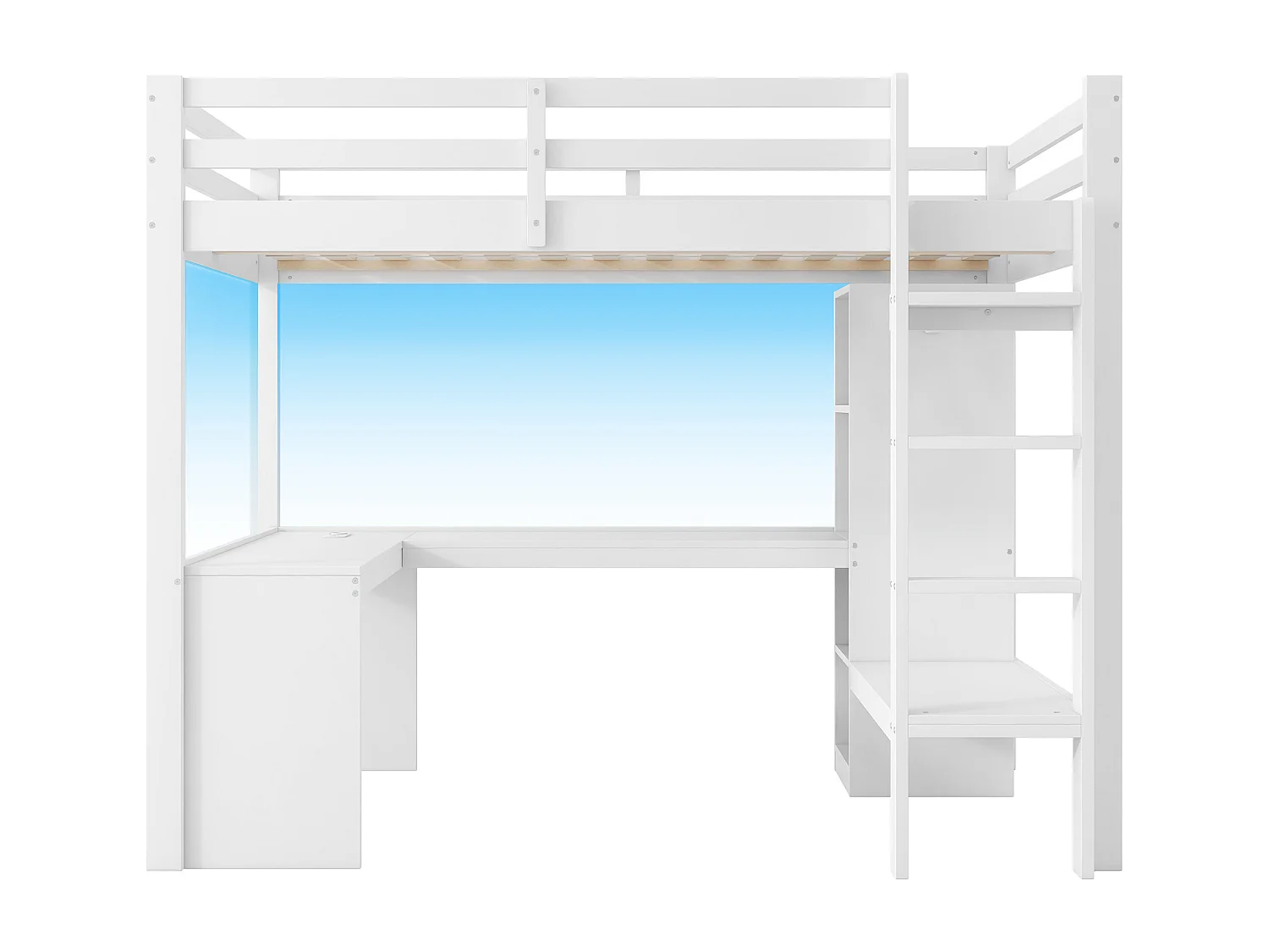 Mezzaninebed 140x200 cm - met bureau - met open kledingkast - met LED-verlichting en USB-poort - wit (matras niet inbegrepen)