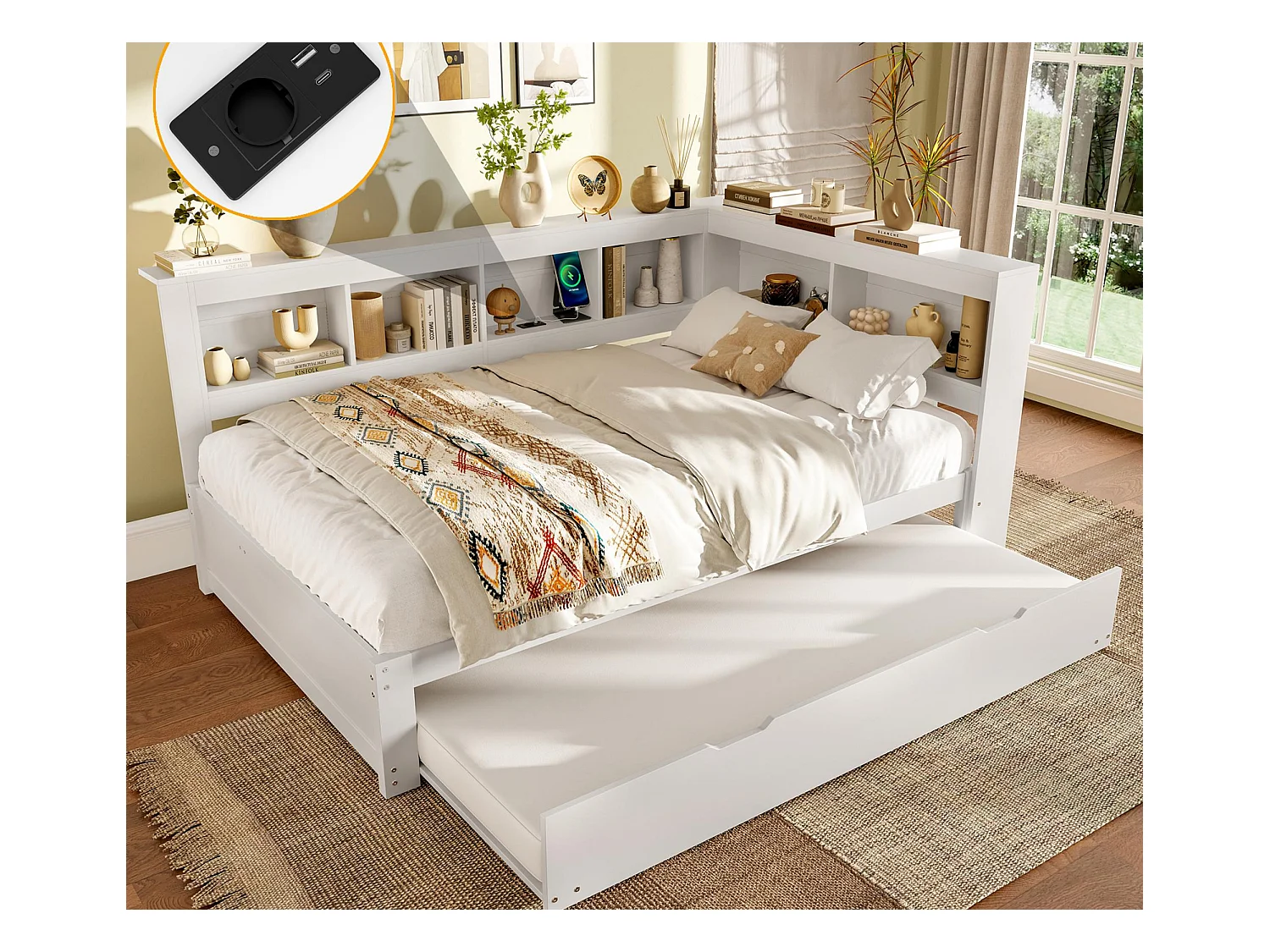 Canapé-lit 140x200 cm - avec lit gigogne - avec prise de courant + 2 USB - avec sommier à lattes - blanc (matelas non inclus)