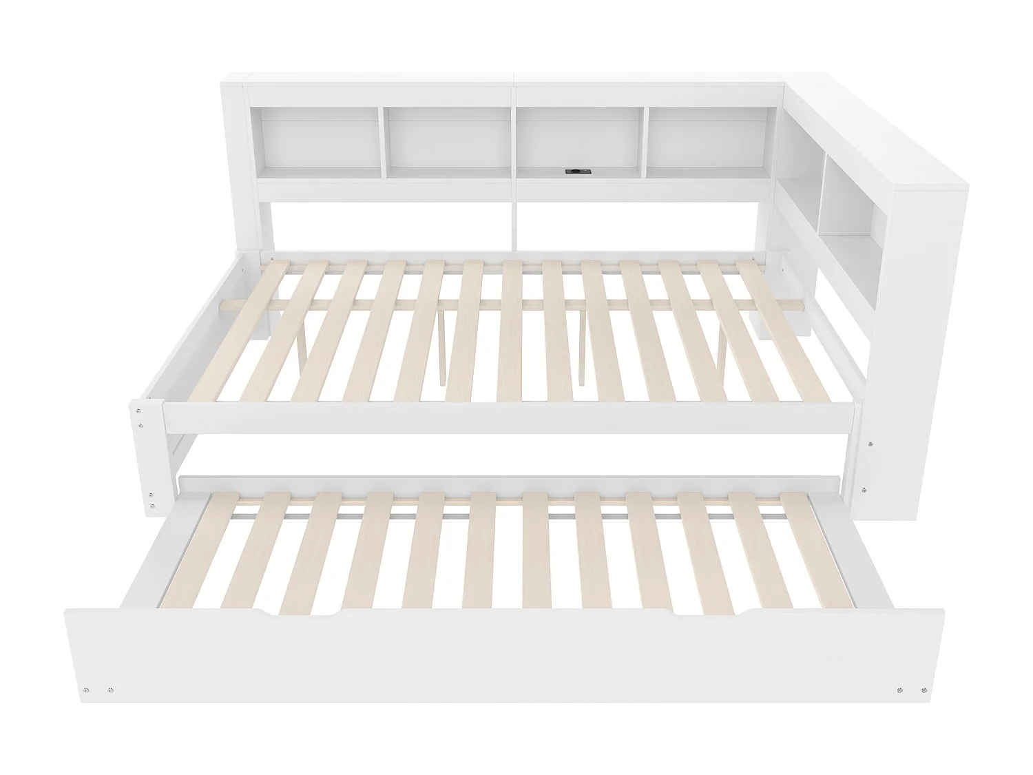 Canapé-lit 140x200 cm - avec lit gigogne - avec prise de courant + 2 USB - avec sommier à lattes - blanc (matelas non inclus)