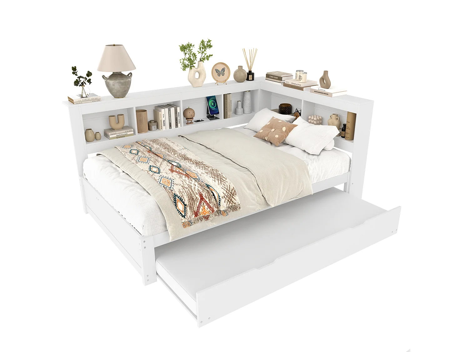 Divano letto 140x200 cm - Con letto estraibile - con presa di corrente + 2 USB - con rete a doghe - bianco (materasso non incluso)