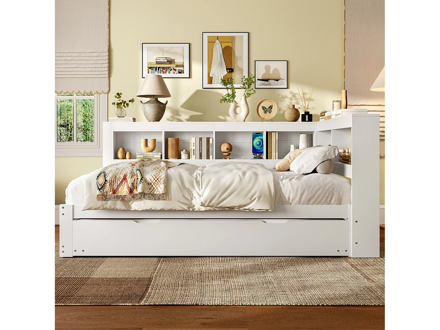 Canapé-lit 140x200 cm - avec lit gigogne - avec prise de courant + 2 USB - avec sommier à lattes - blanc (matelas non inclus)