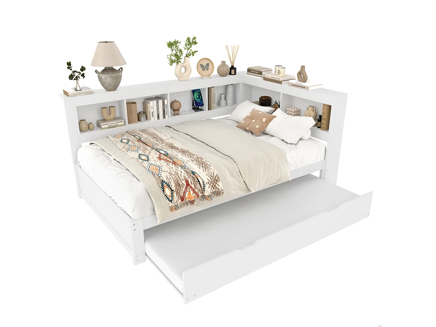 Canapé-lit 140x200 cm - avec lit gigogne - avec prise de courant + 2 USB - avec sommier à lattes - blanc (matelas non inclus)