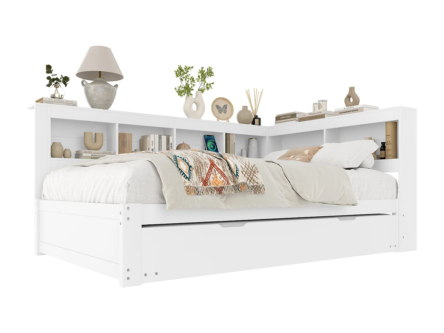 Canapé-lit 140x200 cm - avec lit gigogne - avec prise de courant + 2 USB - avec sommier à lattes - blanc (matelas non inclus)