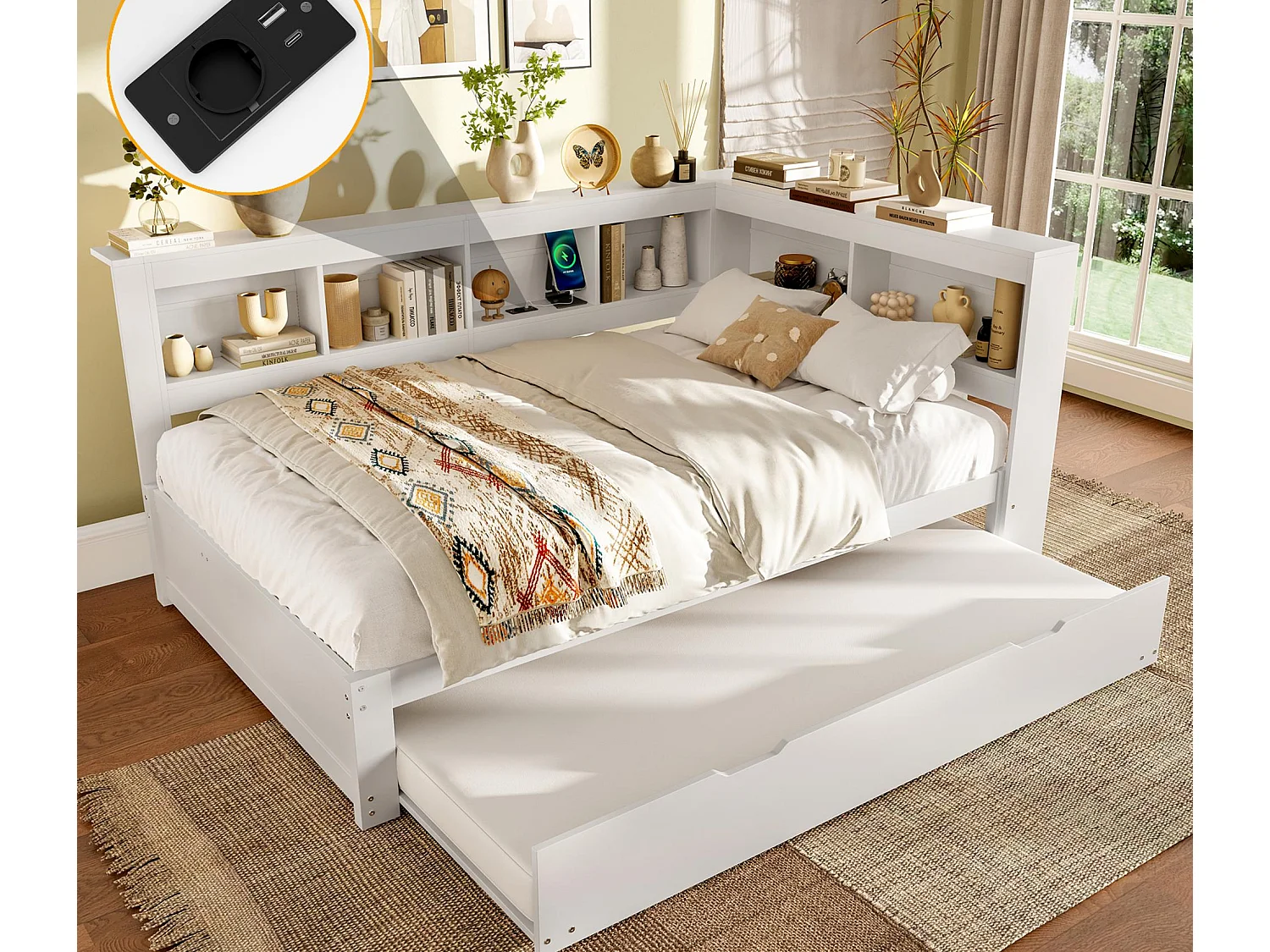 Divano letto 140x200 cm - Con letto estraibile - con presa di corrente + 2 USB - con rete a doghe - bianco (materasso non incluso)