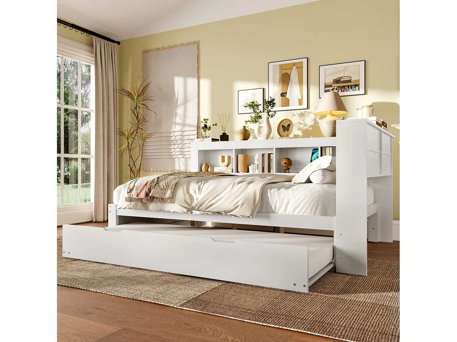 Divano letto 140x200 cm - Con letto estraibile - con presa di corrente + 2 USB - con rete a doghe - bianco (materasso non incluso)