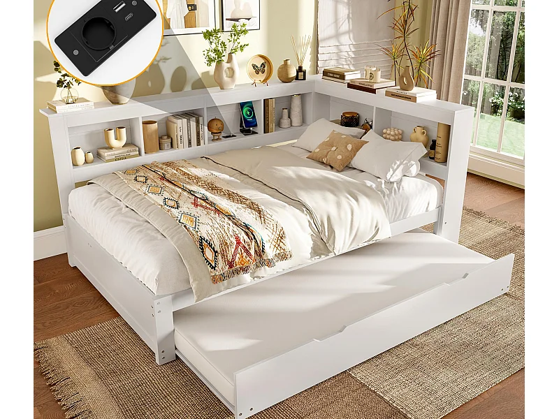 Canapé-lit 140x200 cm - avec lit gigogne - avec prise de courant + 2 USB - avec sommier à lattes - blanc (matelas non inclus)