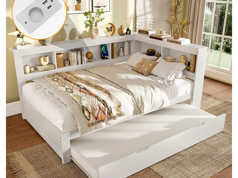 Slaapbank 140x200 cm - Met uitschuifbaar bed - met stopcontact + 2 USB-poorten - met lattenbodem - wit (matras niet inbegrepen)