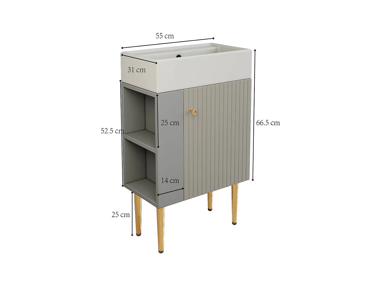 Szafa łazienkowa z ceramiczną umywalką - z 1 drzwiami i 2 otwartymi półkami - 4 metalowe nóżki - Szary (bateria nie jest w zestawie)