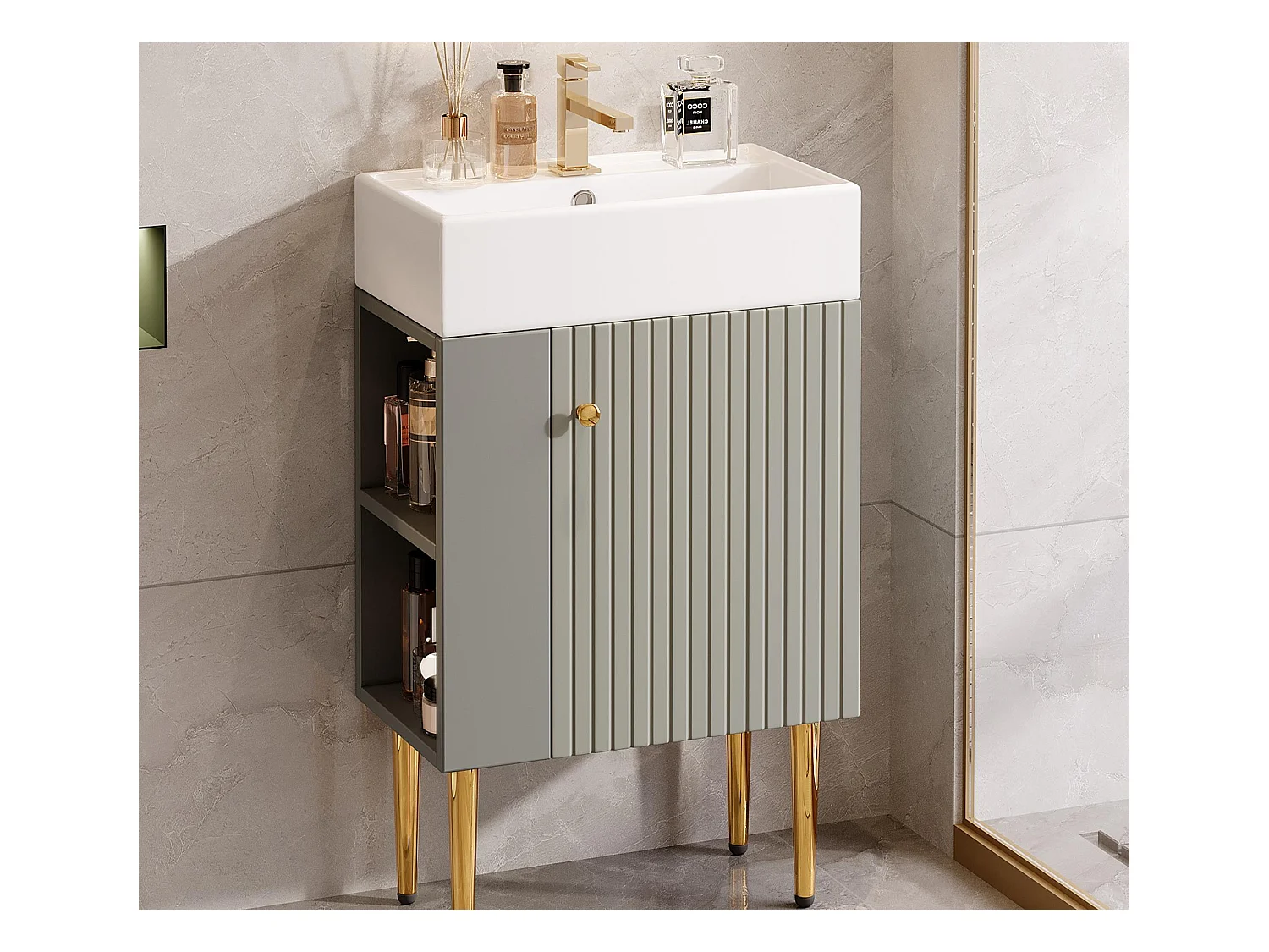 Meuble de salle de bain avec vasque en céramique - avec 1 porte et 2 étagères ouvertes - 4 pieds en métal - Gris(robinet non inclus)