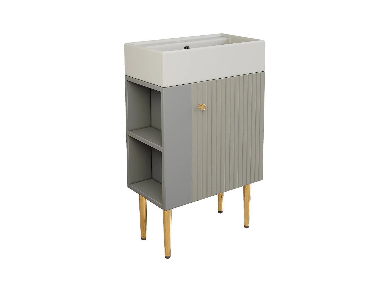 Meuble de salle de bain avec vasque en céramique - avec 1 porte et 2 étagères ouvertes - 4 pieds en métal - Gris(robinet non inclus)