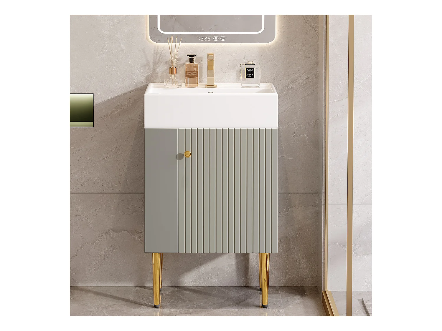 Meuble de salle de bain avec vasque en céramique - avec 1 porte et 2 étagères ouvertes - 4 pieds en métal - Gris(robinet non inclus)