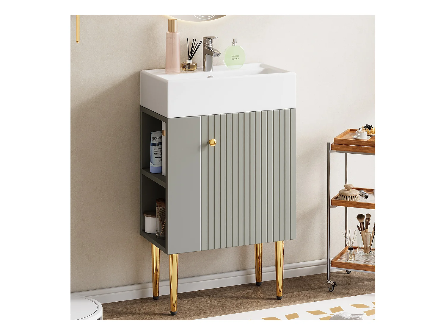 Meuble de salle de bain avec vasque en céramique - avec 1 porte et 2 étagères ouvertes - 4 pieds en métal - Gris(robinet non inclus)