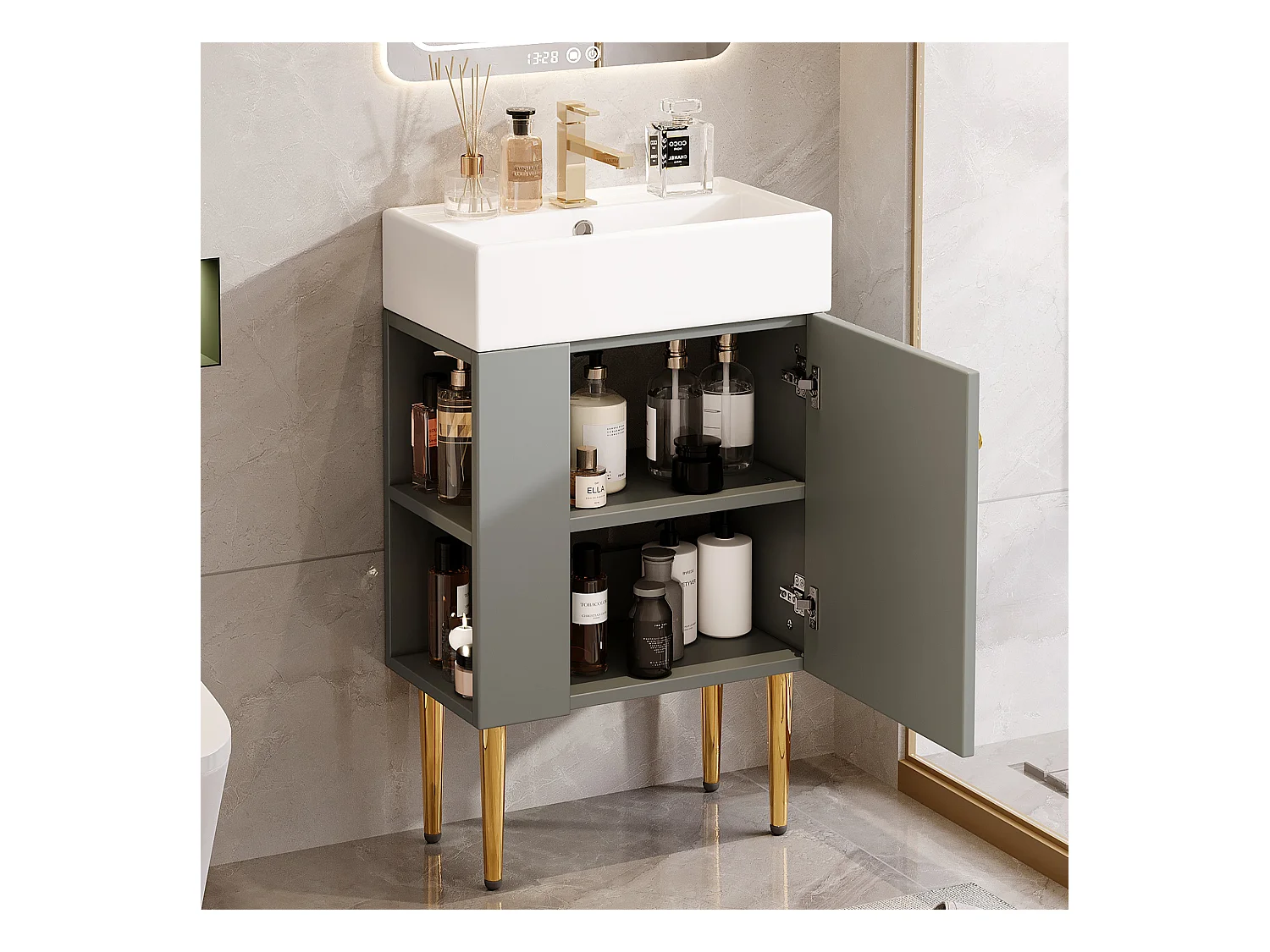 Meuble de salle de bain avec vasque en céramique - avec 1 porte et 2 étagères ouvertes - 4 pieds en métal - Gris(robinet non inclus)