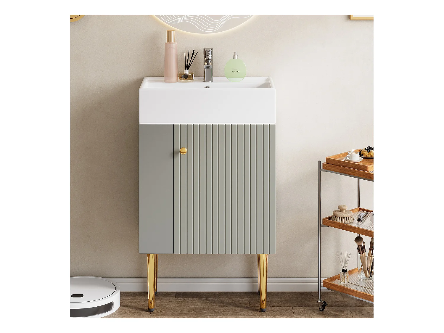 Meuble de salle de bain avec vasque en céramique - avec 1 porte et 2 étagères ouvertes - 4 pieds en métal - Gris(robinet non inclus)