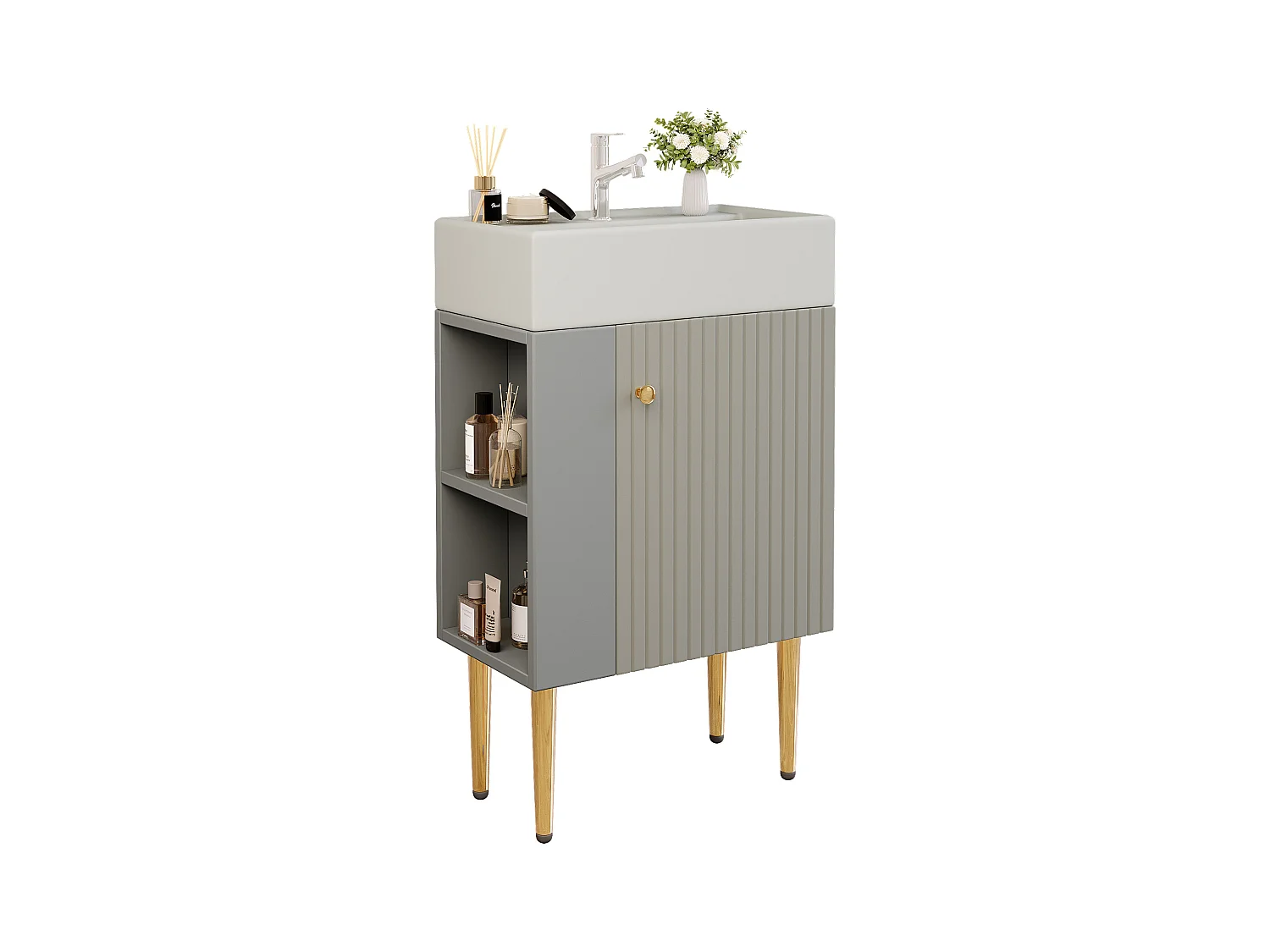 Meuble de salle de bain avec vasque en céramique - avec 1 porte et 2 étagères ouvertes - 4 pieds en métal - Gris(robinet non inclus)