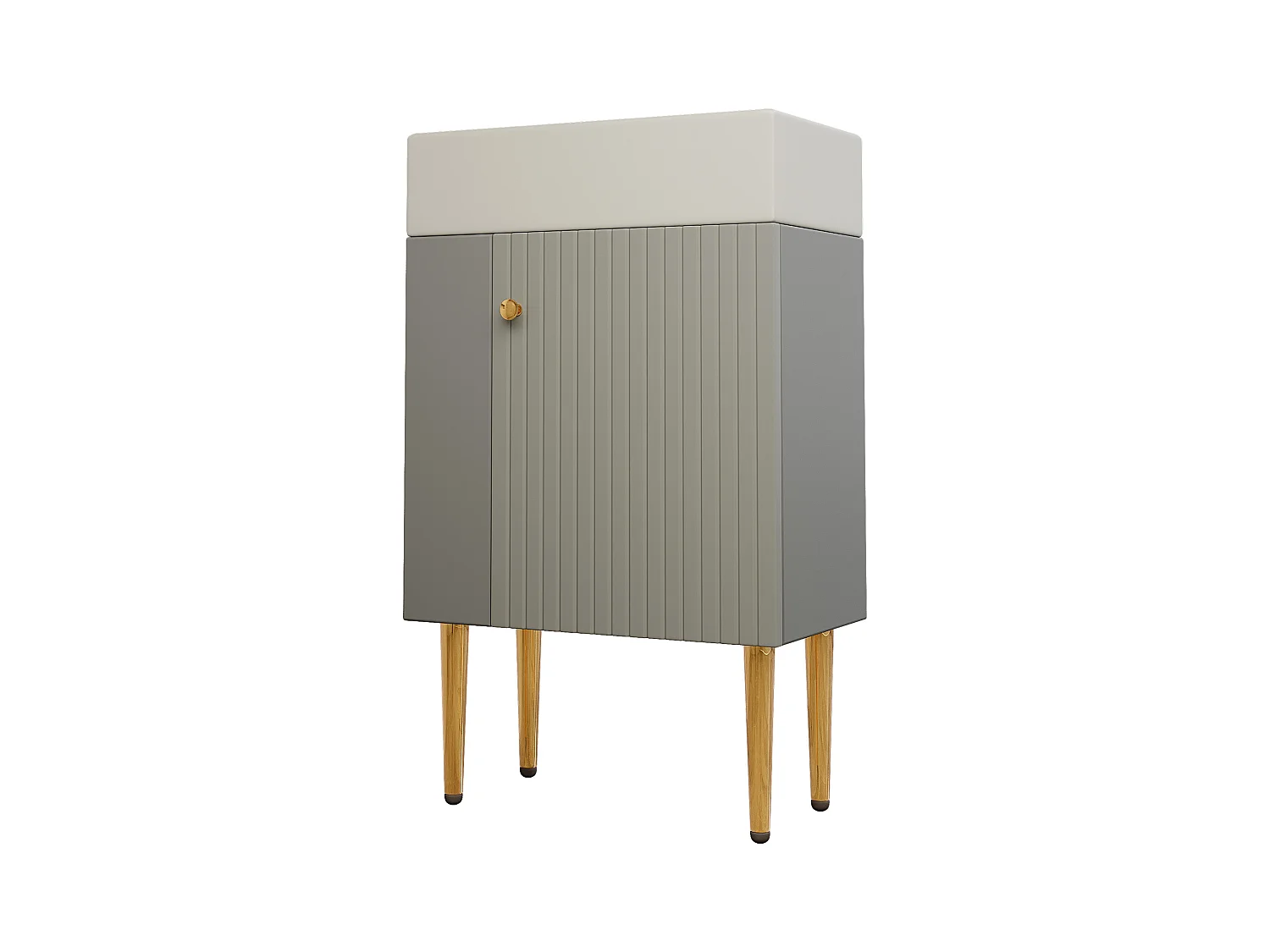 Meuble de salle de bain avec vasque en céramique - avec 1 porte et 2 étagères ouvertes - 4 pieds en métal - Gris(robinet non inclus)