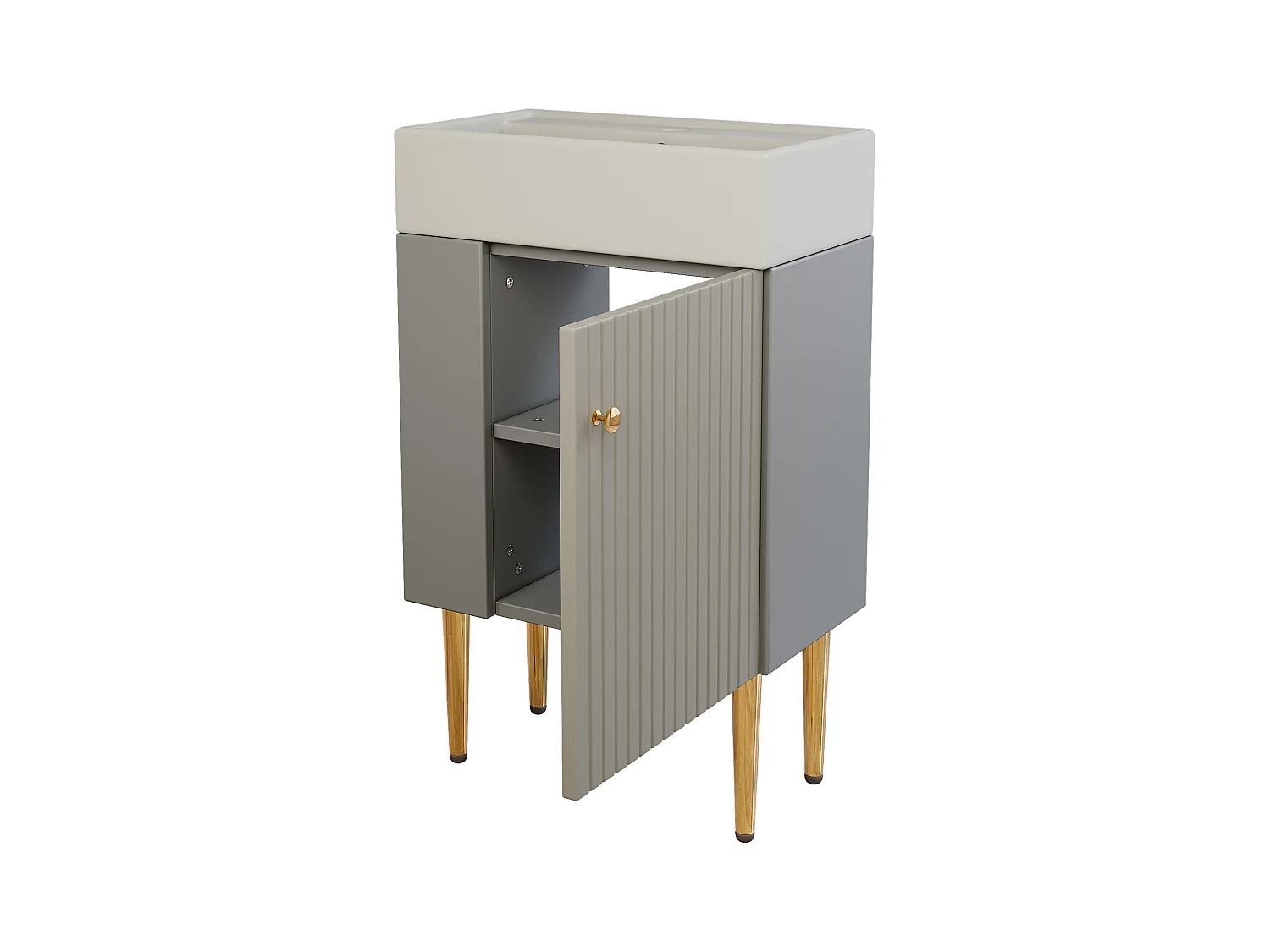 Meuble de salle de bain avec vasque en céramique - avec 1 porte et 2 étagères ouvertes - 4 pieds en métal - Gris(robinet non inclus)