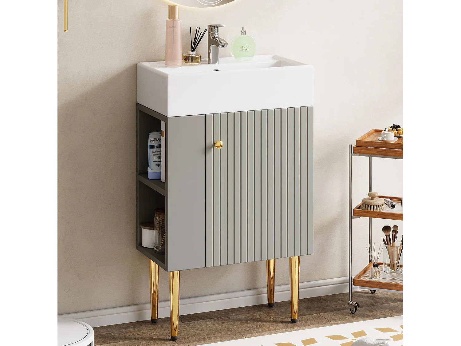 Meuble de salle de bain avec vasque en céramique - avec 1 porte et 2 étagères ouvertes - 4 pieds en métal - Gris(robinet non inclus)