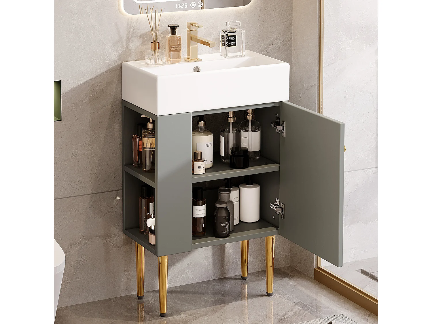 Meuble de salle de bain avec vasque en céramique - avec 1 porte et 2 étagères ouvertes - 4 pieds en métal - Gris(robinet non inclus)