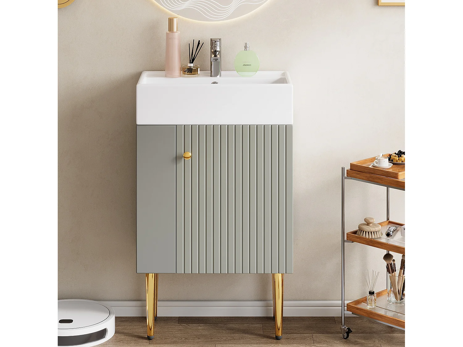 Meuble de salle de bain avec vasque en céramique - avec 1 porte et 2 étagères ouvertes - 4 pieds en métal - Gris(robinet non inclus)