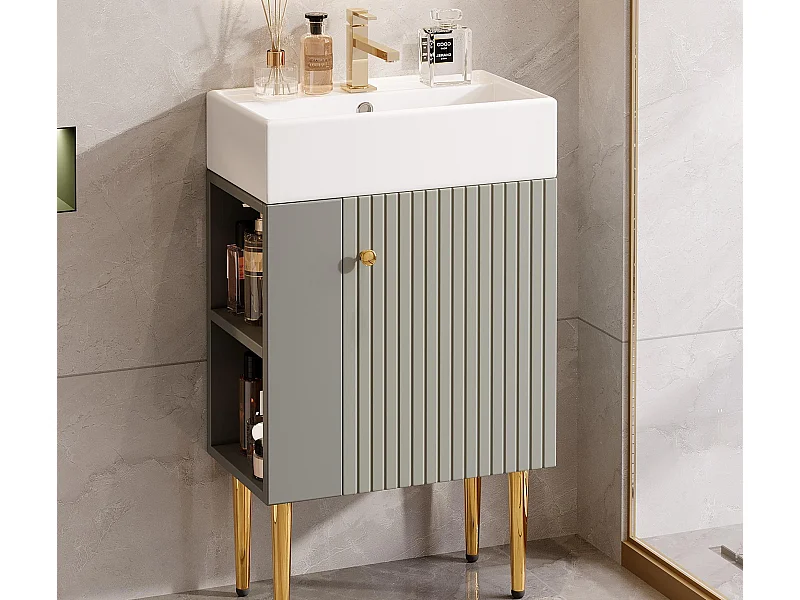 Badezimmerschrank mit Keramikwaschbecken - mit 1 Tür und 2 offenen Regalbrettern - 4 Metallfüße - Grau (Armatur nicht im Lieferumfang)